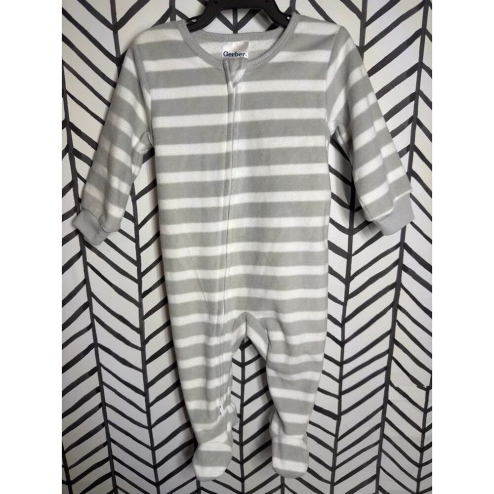 Gerber White Gray Striped Double Zip Fleece Sleepwear Unisex 3-6M 2108